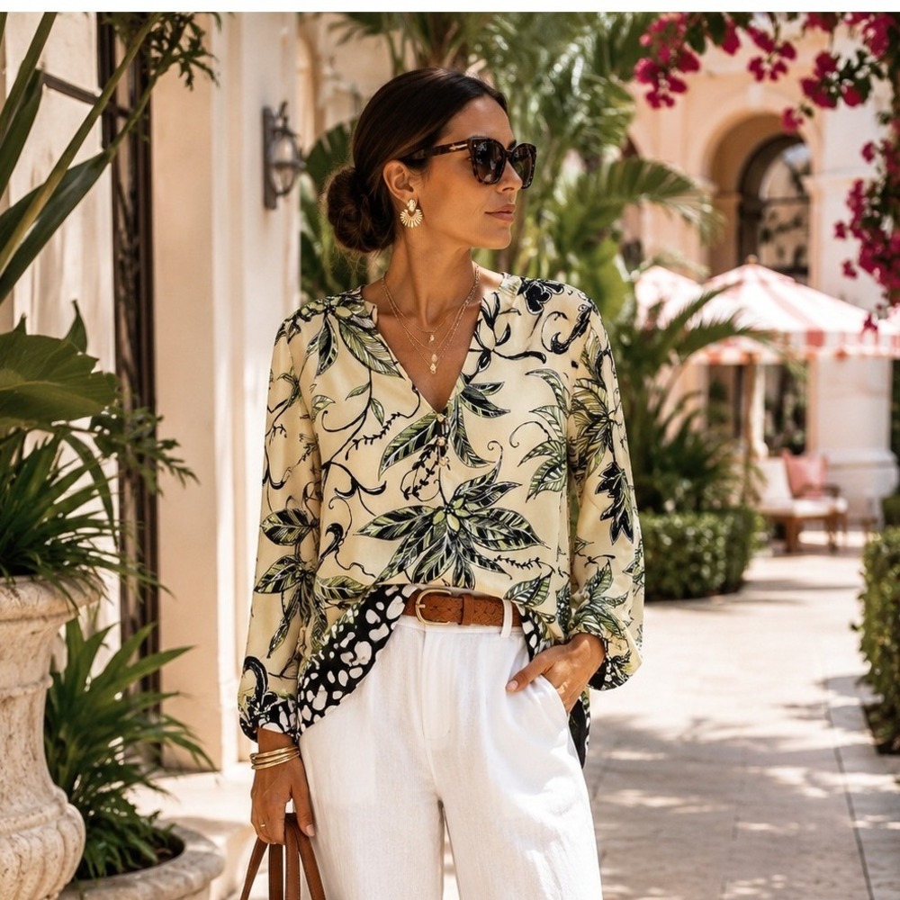 Chicos Tropical Leaf Print V-Neck Blouse Green Cream Size 0 Small Gold Bead